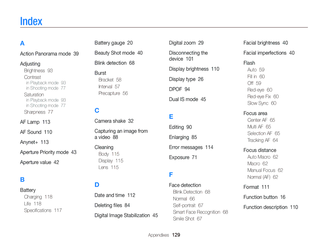 Samsung WB2000 user manual Index 