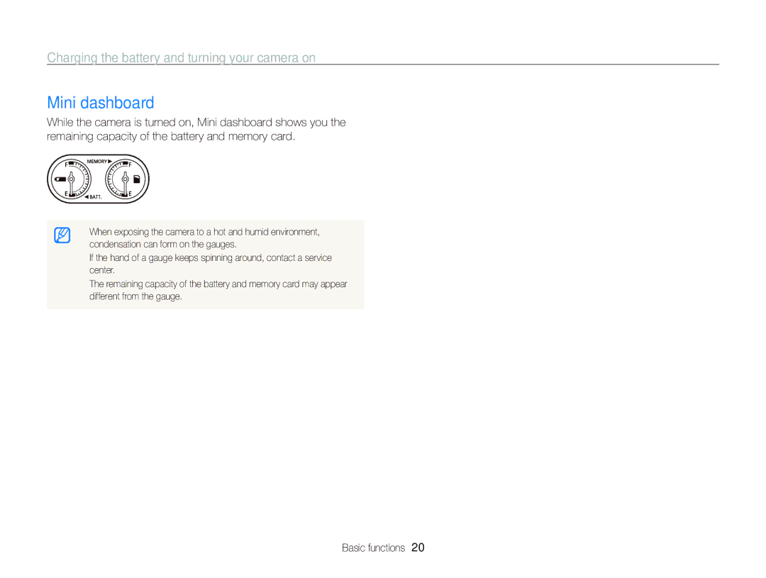 Samsung WB2000 user manual Mini dashboard, Charging the battery and turning your camera on 