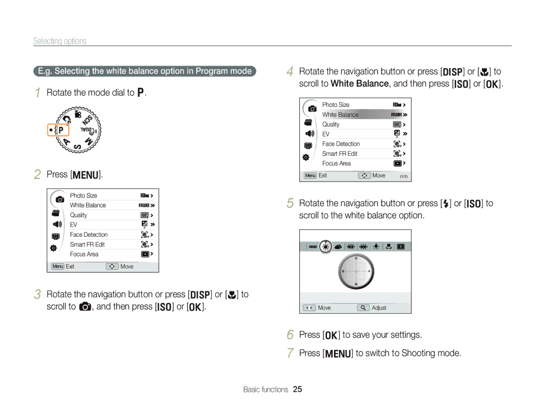 Samsung WB2000 user manual Selecting options, Rotate the mode dial to p Press m, Press o to save your settings 