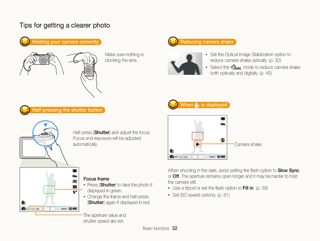 Samsung WB2000 Holding your camera correctly Reducing camera shake, When is displayed Half-pressing the shutter button 