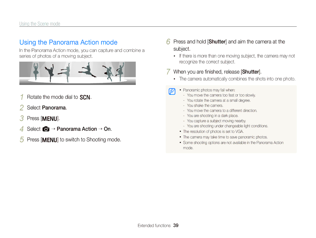 Samsung WB2000 user manual Using the Panorama Action mode, Camera automatically combines the shots into one photo 