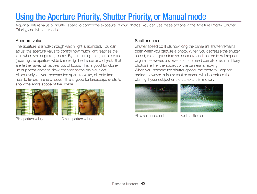 Samsung WB2000 user manual Aperture value, Shutter speed, Slow shutter speed, Big aperture value 