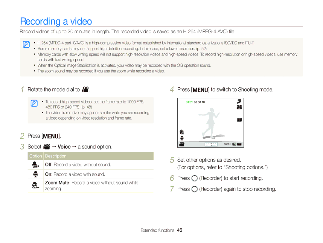 Samsung WB2000 user manual Recording a video, Rotate the mode dial to, Press m Select V “ Voice ““a sound option 