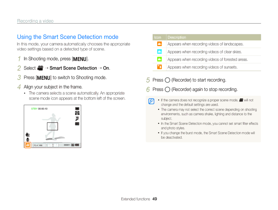 Samsung WB2000 user manual Icon Description 