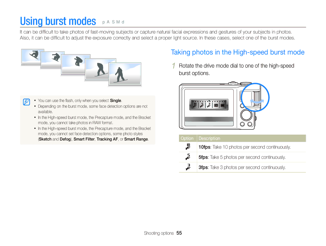 Samsung WB2000 user manual Using burst modes p a S M d, Taking photos in the High-speed burst mode 