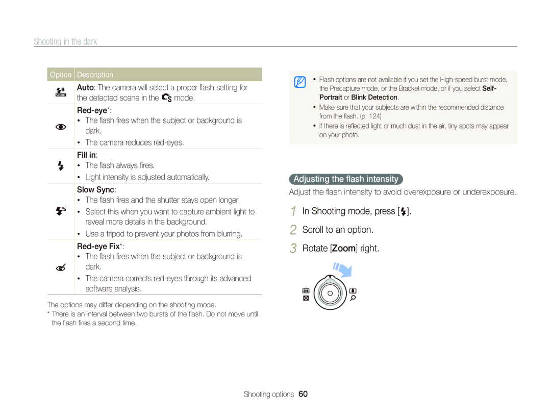 Samsung WB2000 user manual Shooting in the dark, Adjusting the ﬂash intensity 