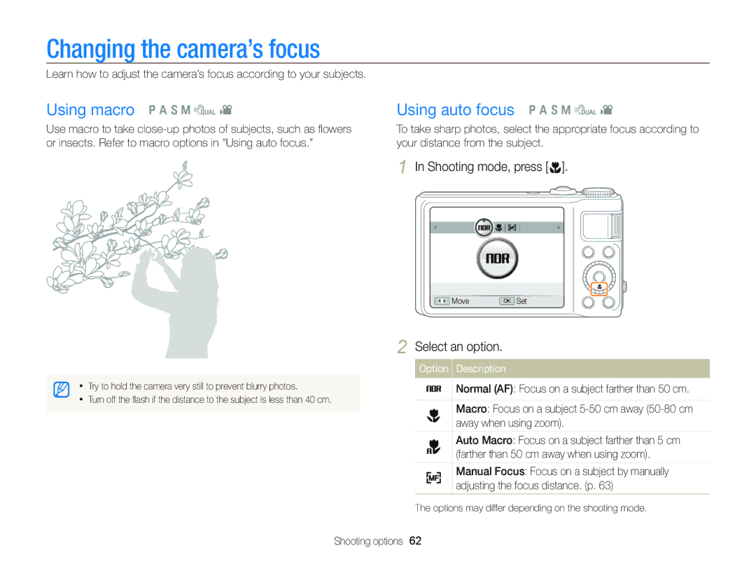 Samsung WB2000 Changing the camera’s focus, Using macro p a S M d, Using auto focus p a S M d, Shooting mode, press c 