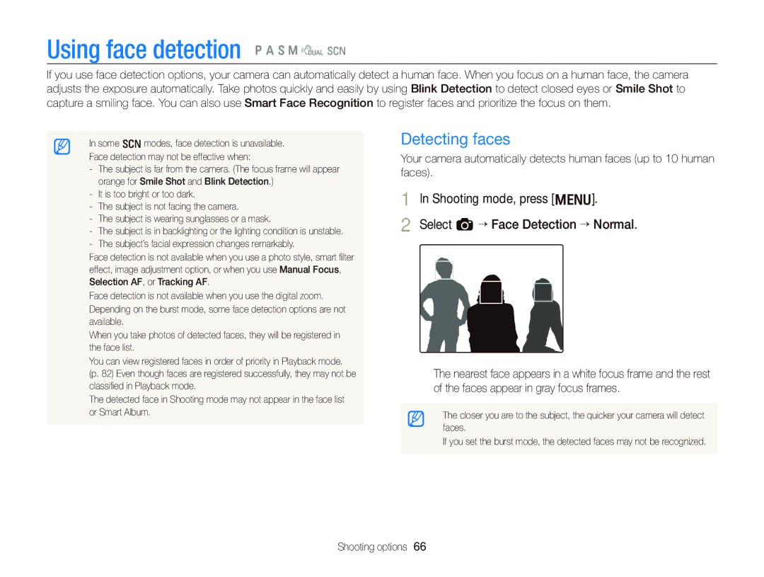 Samsung WB2000 user manual Using face detection p a S M d s, Detecting faces 