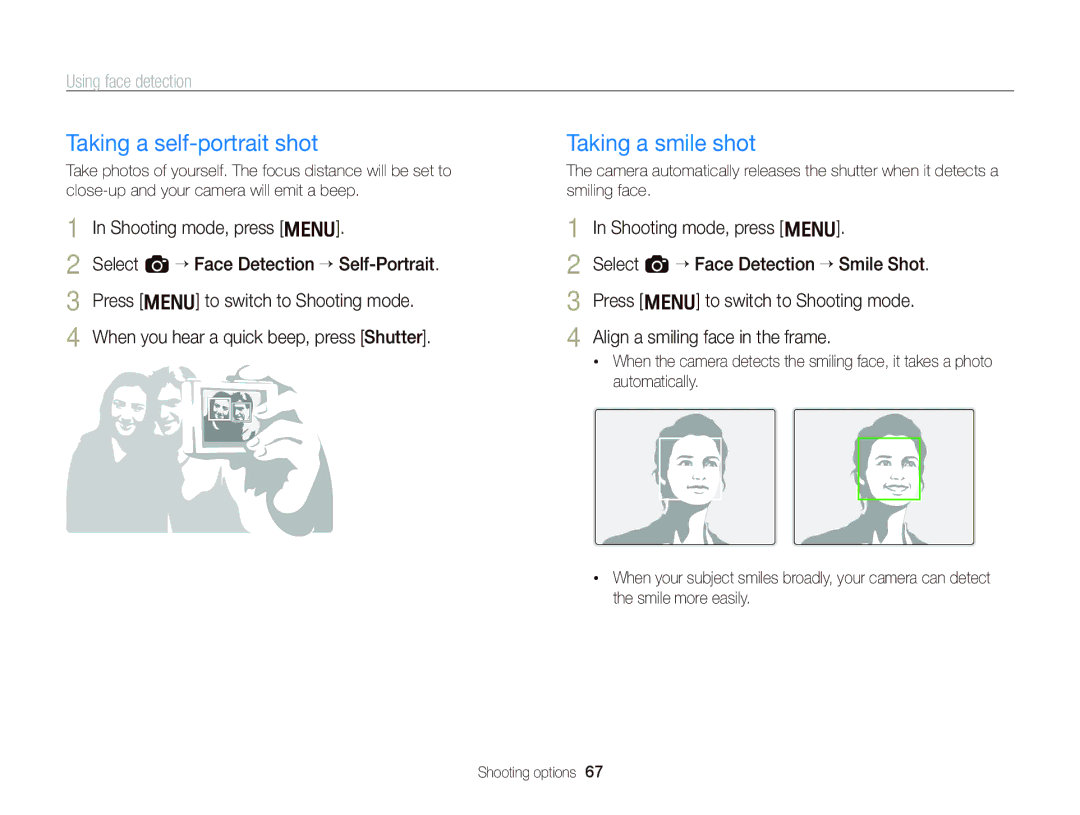 Samsung WB2000 user manual Taking a self-portrait shot, Taking a smile shot, Using face detection 