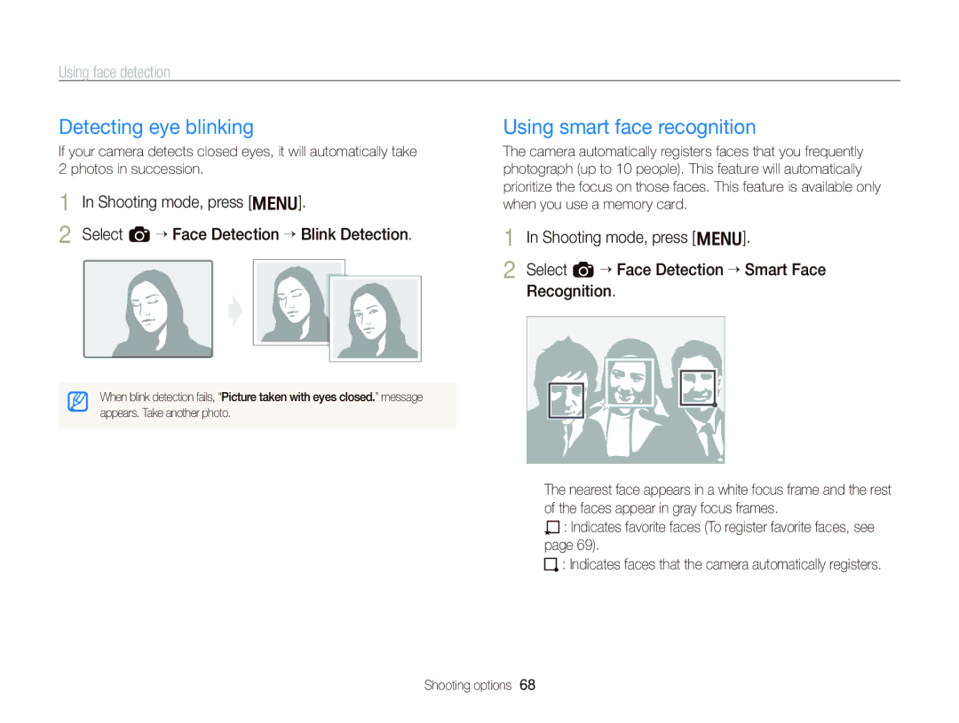 Samsung WB2000 user manual Detecting eye blinking, Using smart face recognition 