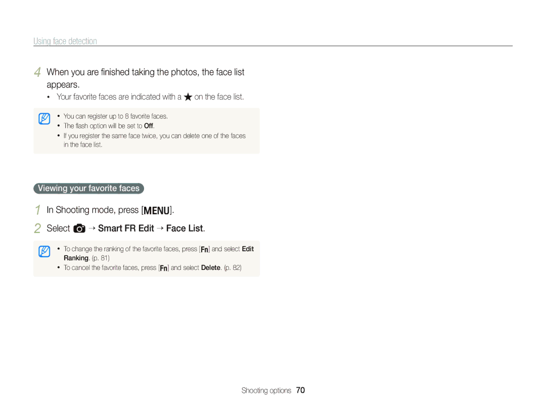 Samsung WB2000 user manual Shooting mode, press m Select a “ Smart FR Edit “ Face List, Viewing your favorite faces 
