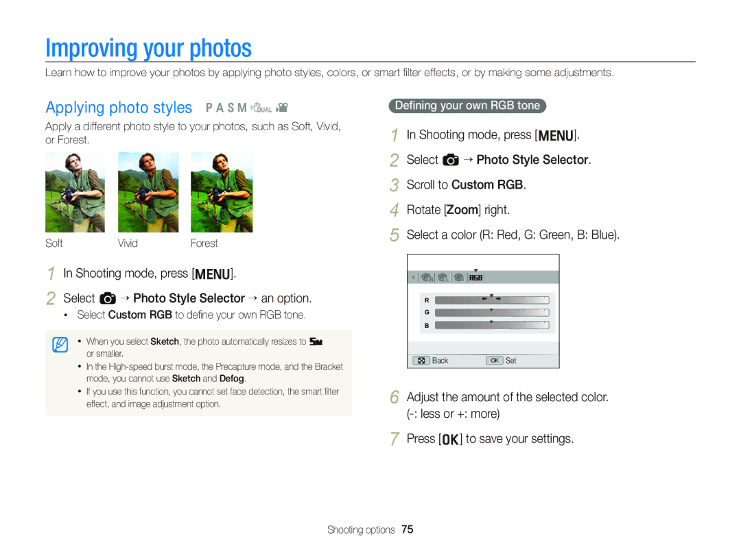 Samsung WB2000 Improving your photos, Applying photo styles p a S M d, Select Custom RGB to deﬁne your own RGB tone 