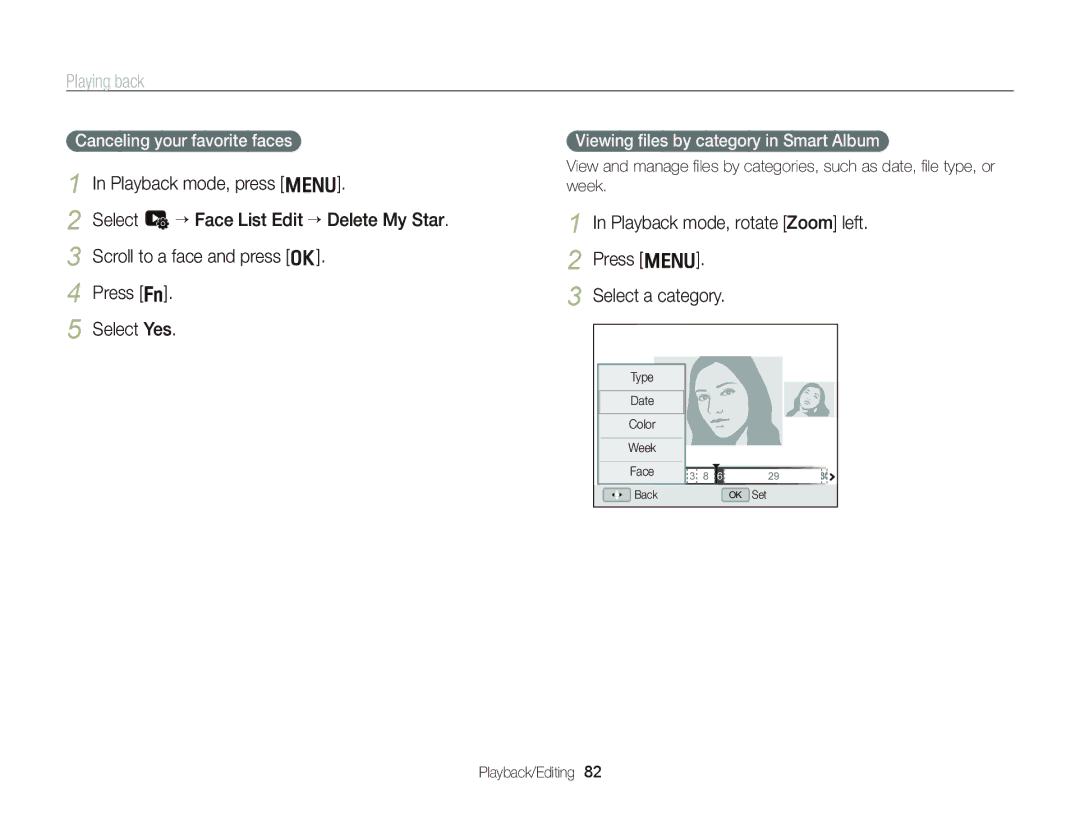 Samsung WB2000 Press m Select a category, Canceling your favorite faces, Viewing ﬁles by category in Smart Album 