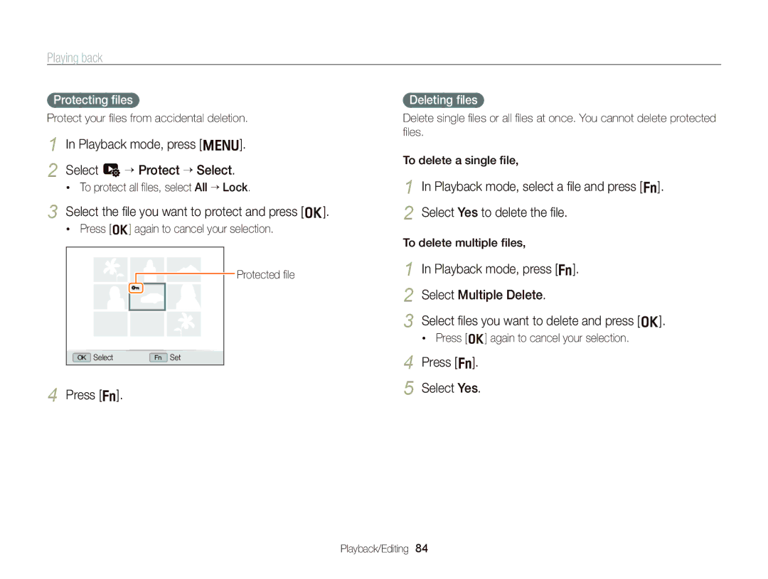 Samsung WB2000 user manual Select u ““Protect ““Select, Select the ﬁle you want to protect and press o, Press f Select Yes 