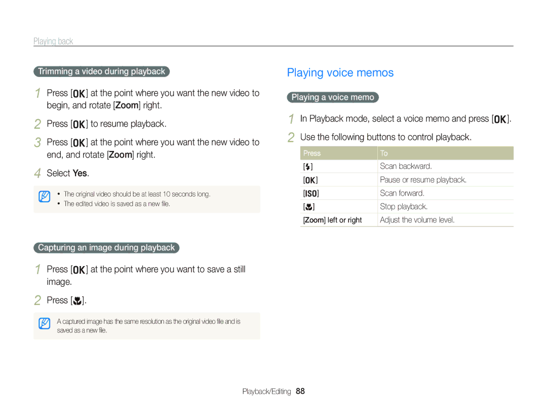 Samsung WB2000 user manual Playing voice memos, Trimming a video during playback, Capturing an image during playback 