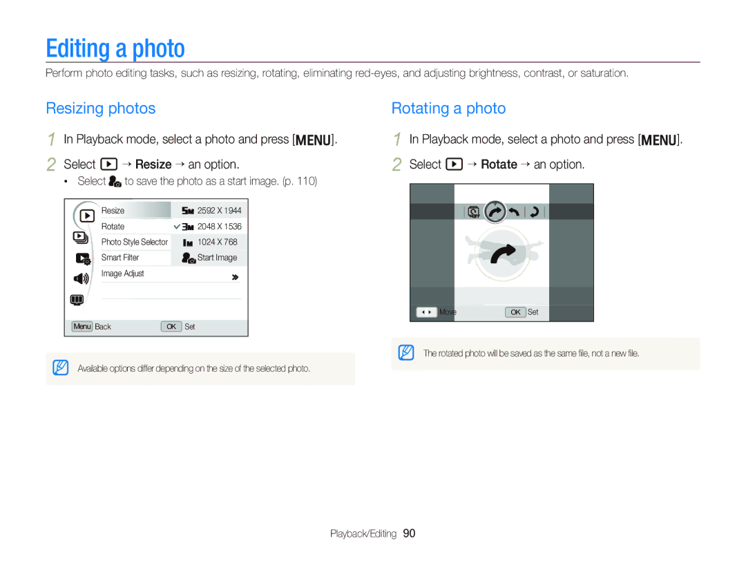 Samsung WB2000 user manual Editing a photo, Resizing photos, Rotating a photo, Select to save the photo as a start image. p 