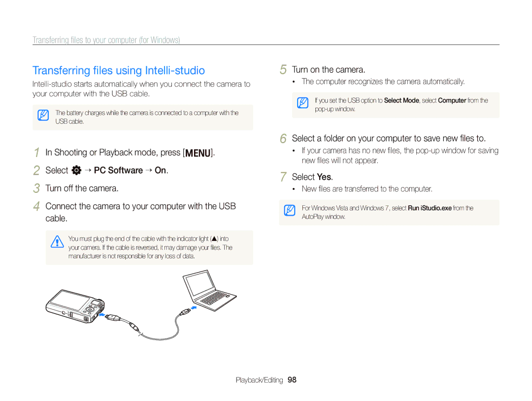 Samsung WB2000 user manual Transferring ﬁles using Intelli-studio, Transferring ﬁles to your computer for Windows 