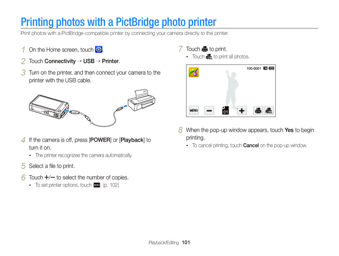 Samsung EC-WB210ZBPBUS Printing photos with a PictBridge photo printer, The printer recognizes the camera automatically 
