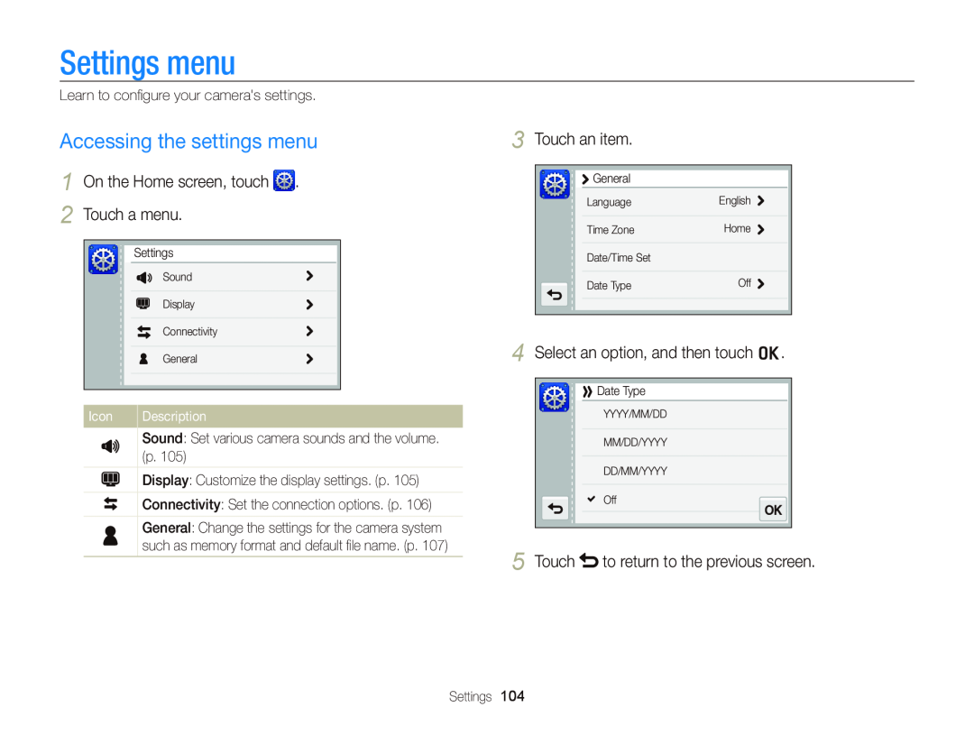 Samsung ECWB210 Settings menu, Touch a menu, Touch an item, Select an option, and then touch o, On the Home screen, touch 