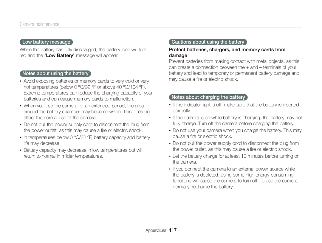 Samsung EC-WB210ZBPBUS, ECWB210 Low battery message, Notes about using the battery, Cautions about using the battery 