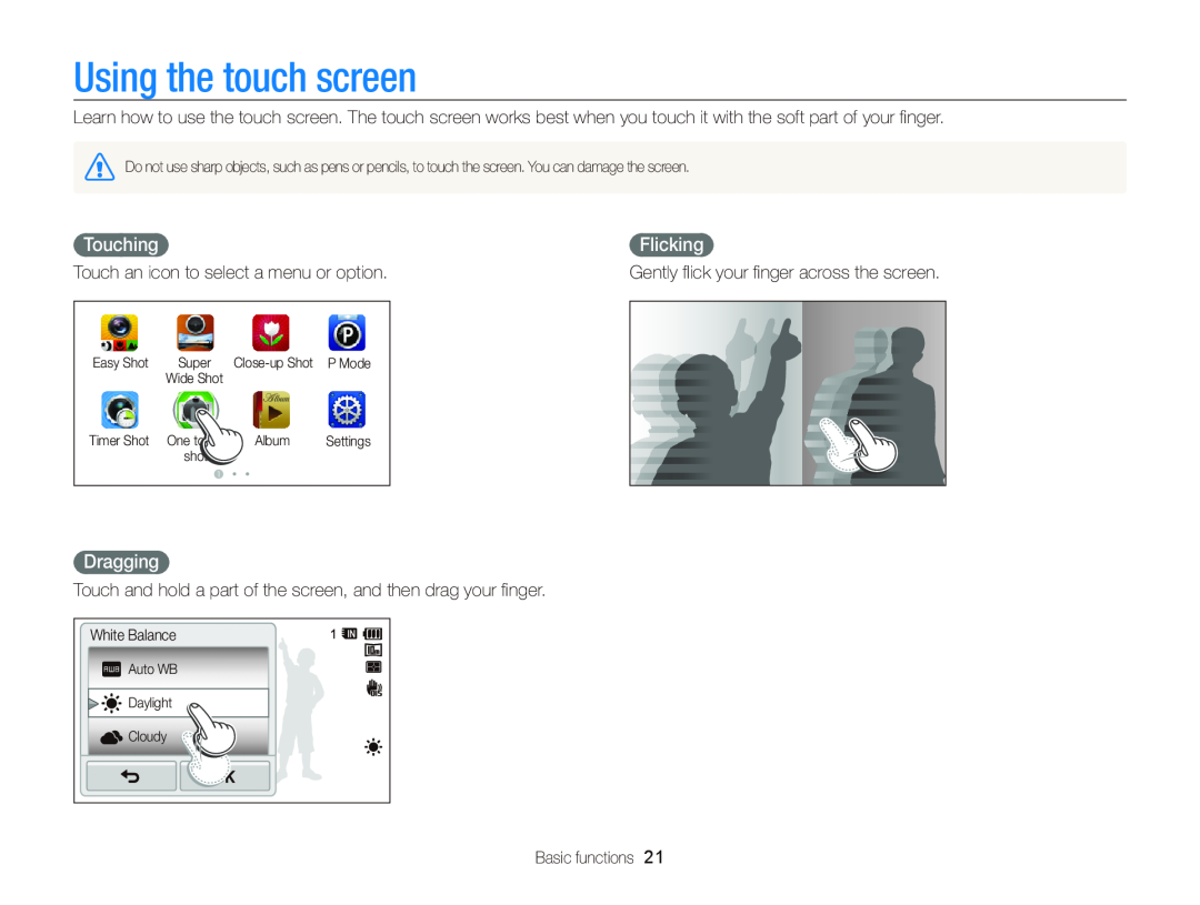 Samsung EC-WB210ZBPBUS, ECWB210, EC-WB210ZBPRUS user manual Using the touch screen, Touching, Flicking, Dragging 