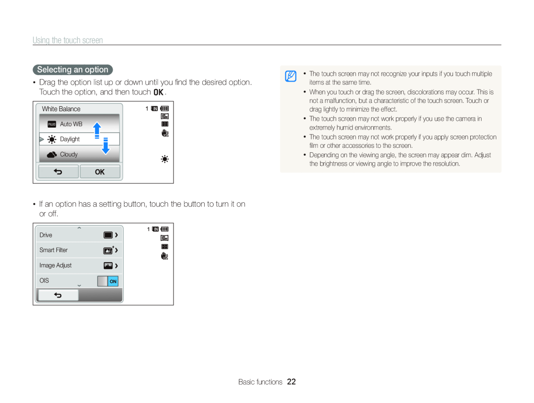 Samsung EC-WB210ZBPRUS, ECWB210, EC-WB210ZBPBUS user manual Using the touch screen, Selecting an option 