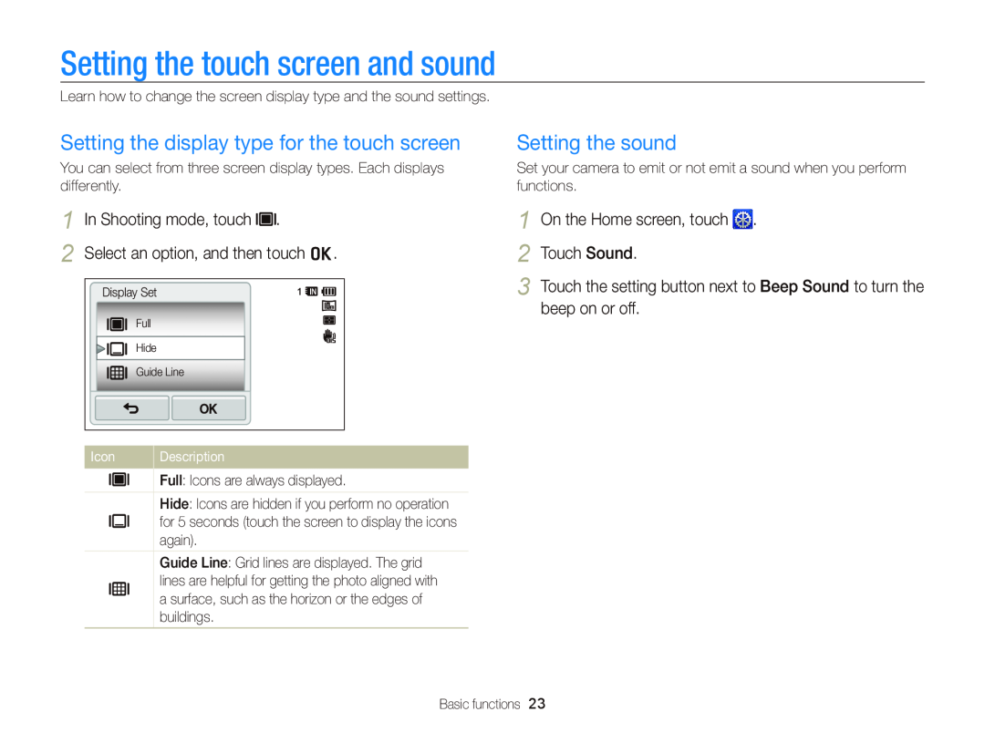 Samsung WB210 Setting the touch screen and sound, Setting the display type for the touch screen, Setting the sound, Icon 