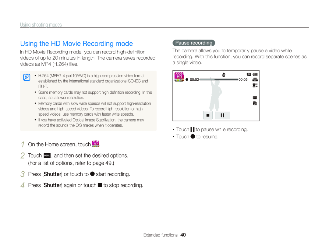 Samsung ECWB210 user manual Using the HD Movie Recording mode, Touch m, and then set the desired options, Pause recording 