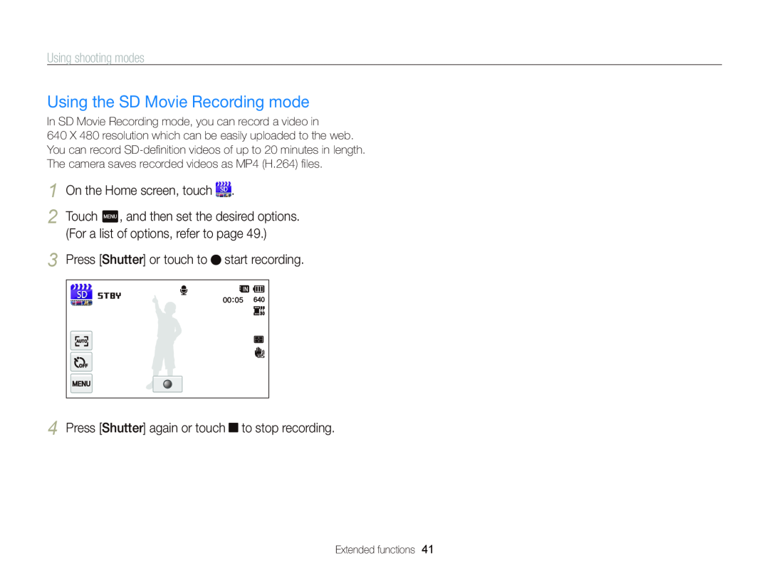 Samsung EC-WB210ZBPBUS Using the SD Movie Recording mode, For a list of options, refer to page, Using shooting modes 