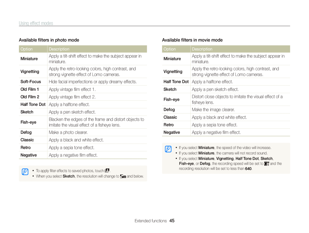 Samsung EC-WB210ZBPBUS, ECWB210, EC-WB210ZBPRUS user manual Using effect modes, Option, Description 