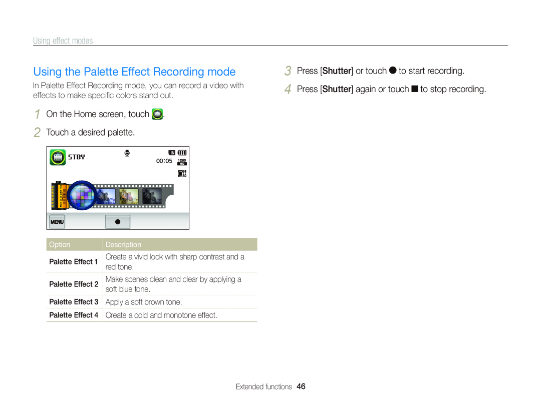 Samsung EC-WB210ZBPRUS Using the Palette Effect Recording mode, Touch a desired palette, Using effect modes, Option 