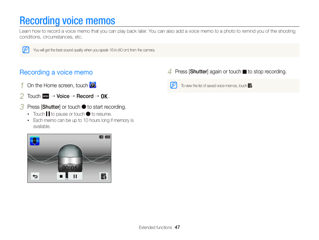 Samsung ECWB210 Recording voice memos, Recording a voice memo, Touch m ““Voice ““Record ““o, Press Shutter or touch 