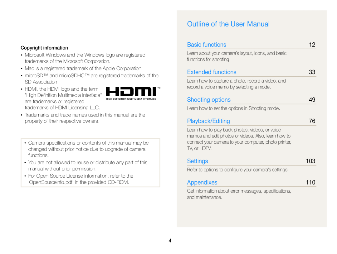Samsung ECWB210 Outline of the User Manual, Basic functions, Extended functions, Shooting options, Playback/Editing 