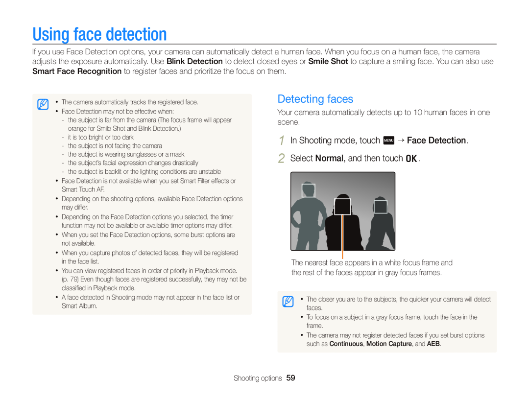 Samsung ECWB210, EC-WB210ZBPBUS, EC-WB210ZBPRUS user manual Using face detection, Detecting faces 