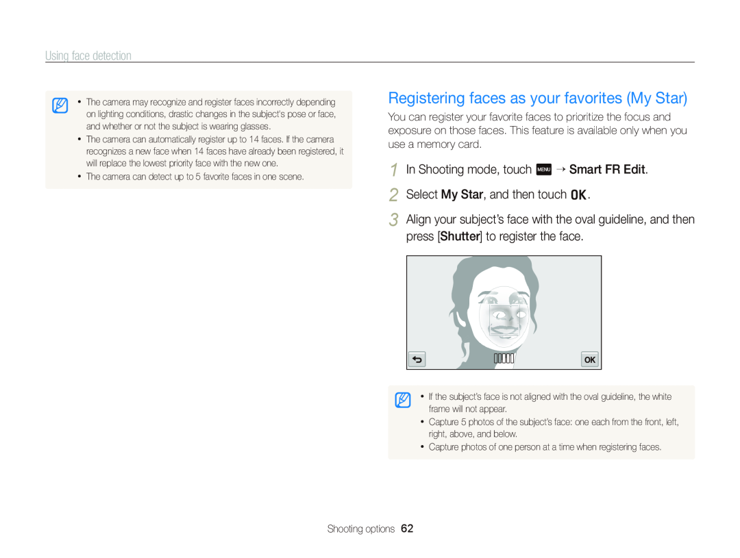 Samsung EC-WB210ZBPRUS Registering faces as your favorites My Star, Select My Star, and then touch o, Using face detection 