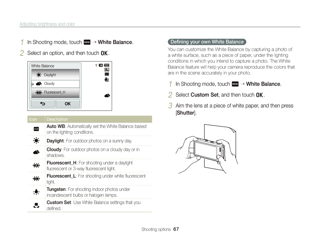 Samsung ECWB210 In Shooting mode, touch m “ White Balance, Select Custom Set, and then touch o, Icon, Description 