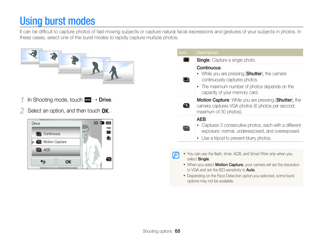 Samsung ECWB210 user manual Using burst modes, In Shooting mode, touch m “ Drive, Select an option, and then touch o, Icon 