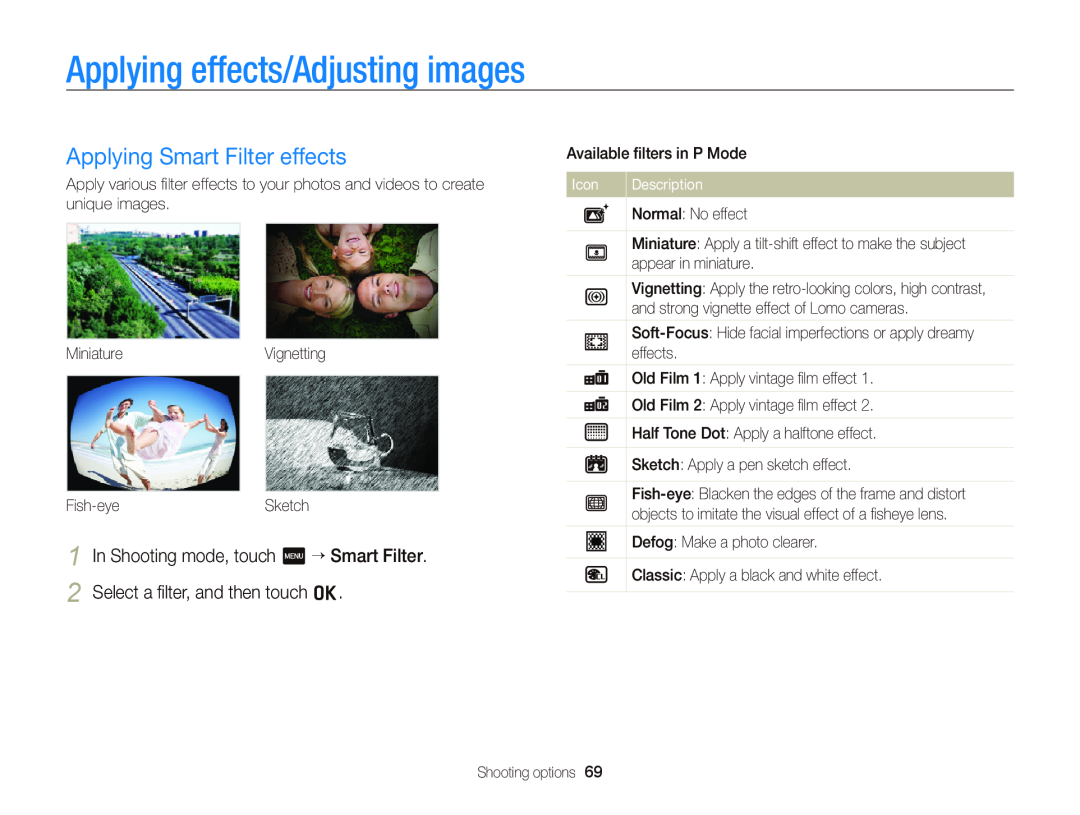 Samsung EC-WB210ZBPBUS Applying effects/Adjusting images, Applying Smart Filter effects, Select a ﬁlter, and then touch o 