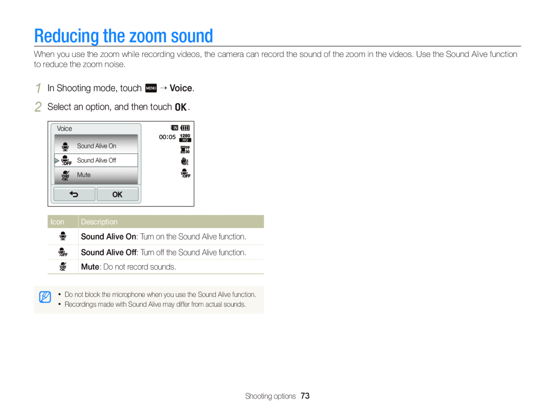 Samsung EC-WB210ZBPBUS Reducing the zoom sound, In Shooting mode, touch m “ Voice, Select an option, and then touch o 
