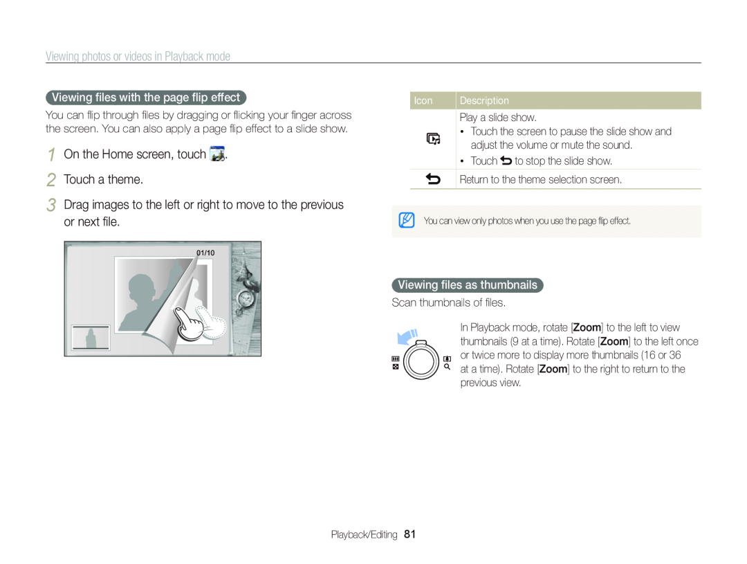 Samsung EC-WB210ZBPBUS Touch a theme, or next ﬁle, Viewing ﬁles with the page ﬂip effect, Viewing ﬁles as thumbnails, Icon 