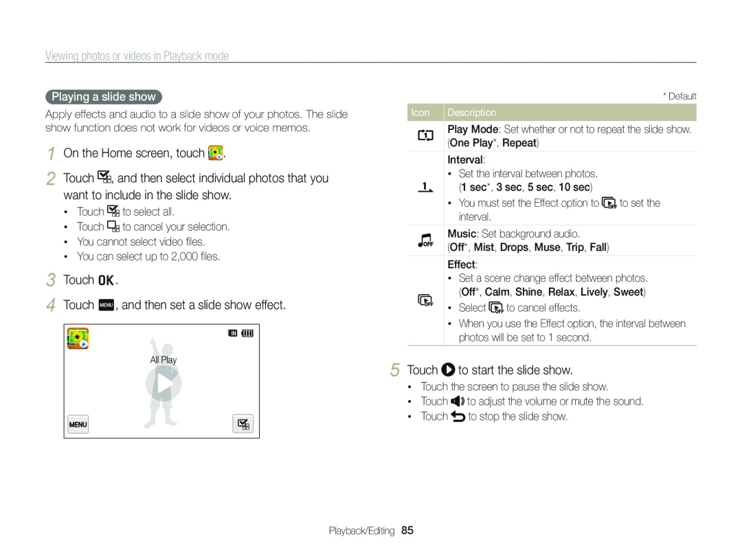 Samsung EC-WB210ZBPBUS want to include in the slide show, Touch o 4 Touch m, and then set a slide show effect, Icon 