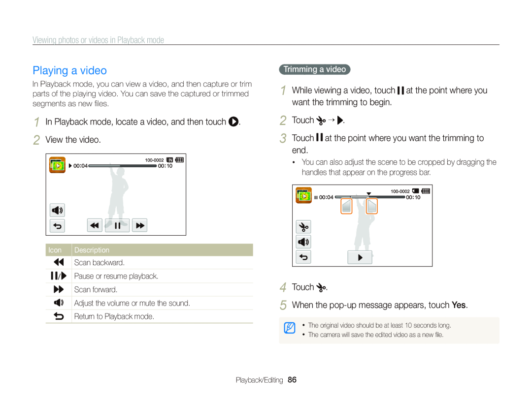 Samsung EC-WB210ZBPRUS Playing a video, In Playback mode, locate a video, and then touch . 2 View the video, Touch 