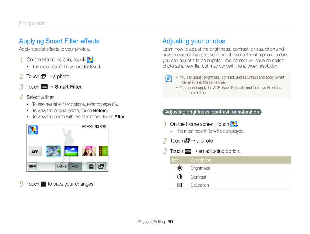 Samsung EC-WB210ZBPRUS Editing a photo, Adjusting brightness, contrast, or saturation, Applying Smart Filter effects 