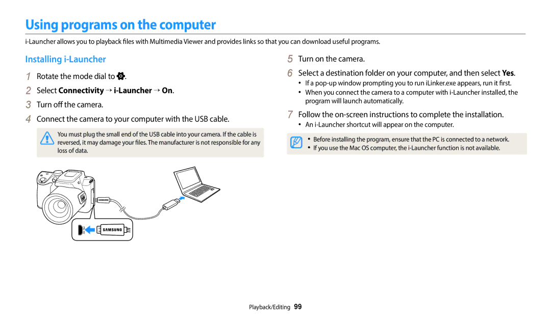 Samsung WB2100 user manual Using programs on the computer, Installing i-Launcher, Select Connectivity → i-Launcher → On 