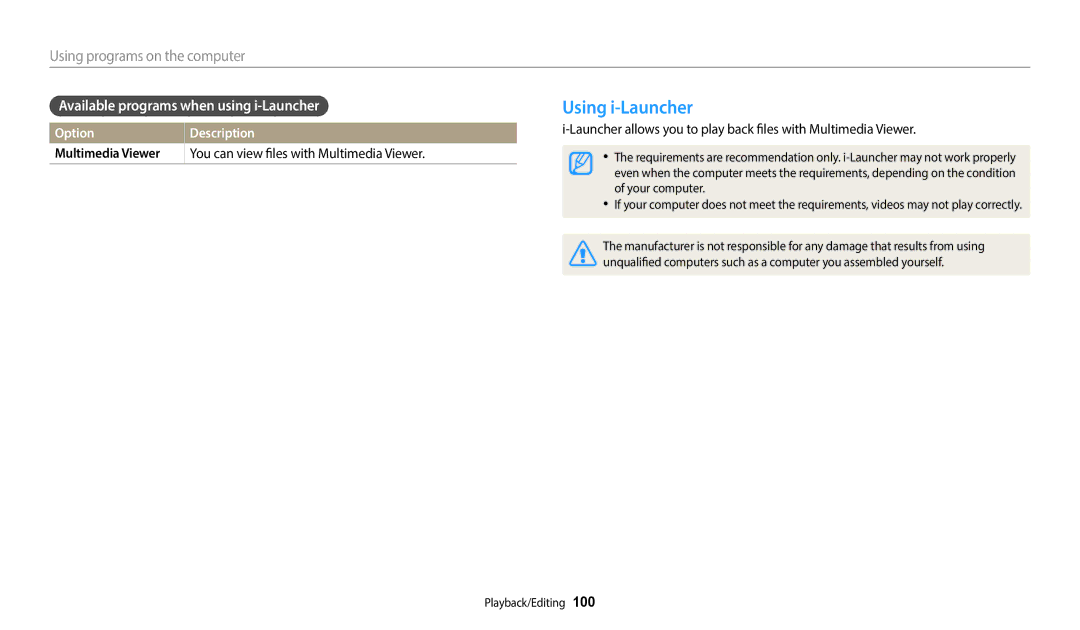 Samsung WB2100 user manual Using i-Launcher, Available programs when using i-Launcher 