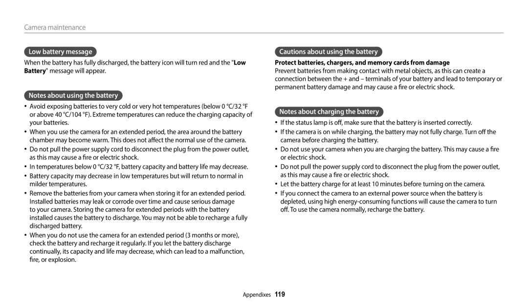 Samsung WB2100 user manual Low battery message, Protect batteries, chargers, and memory cards from damage 