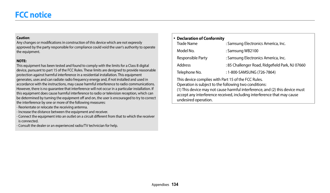 Samsung WB2100 user manual FCC notice, Telephone No Samsung 