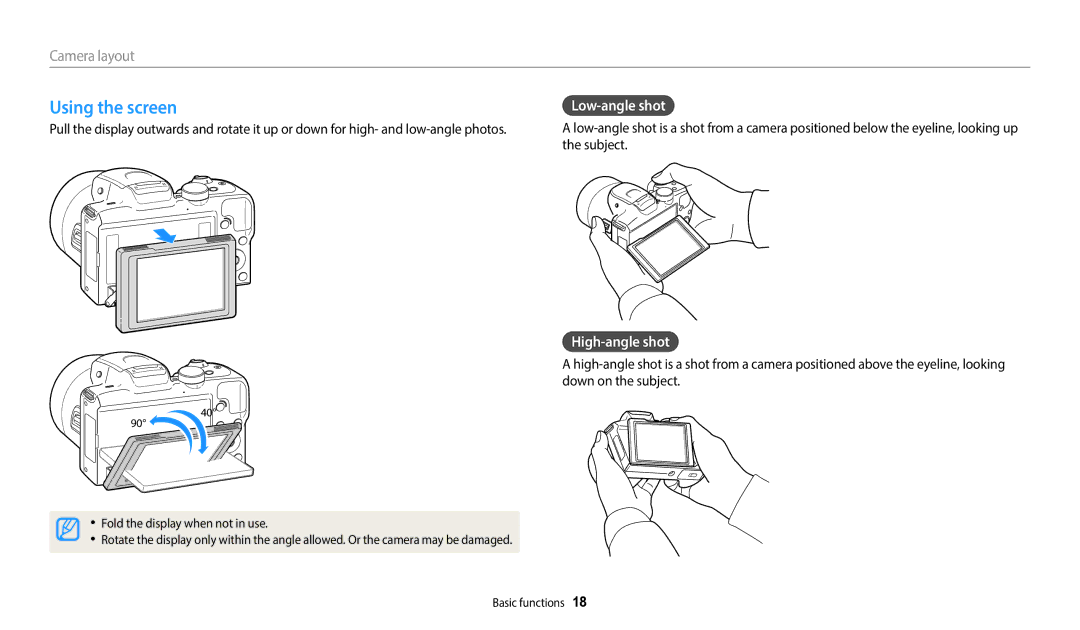 Samsung WB2100 user manual Using the screen, Low-angle shot, High-angle shot 