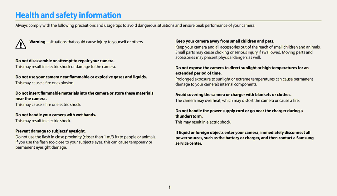 Samsung WB2100 user manual Health and safety information, Do not disassemble or attempt to repair your camera 