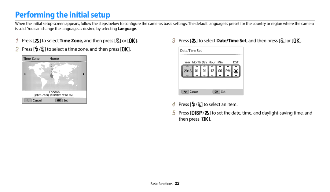 Samsung WB2100 user manual Performing the initial setup, Press c to select Date/Time Set, and then press t or o 